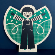 Load image into Gallery viewer, Wooden Screen Printed Green &#39;Nora&#39; Angel by Print Lass
