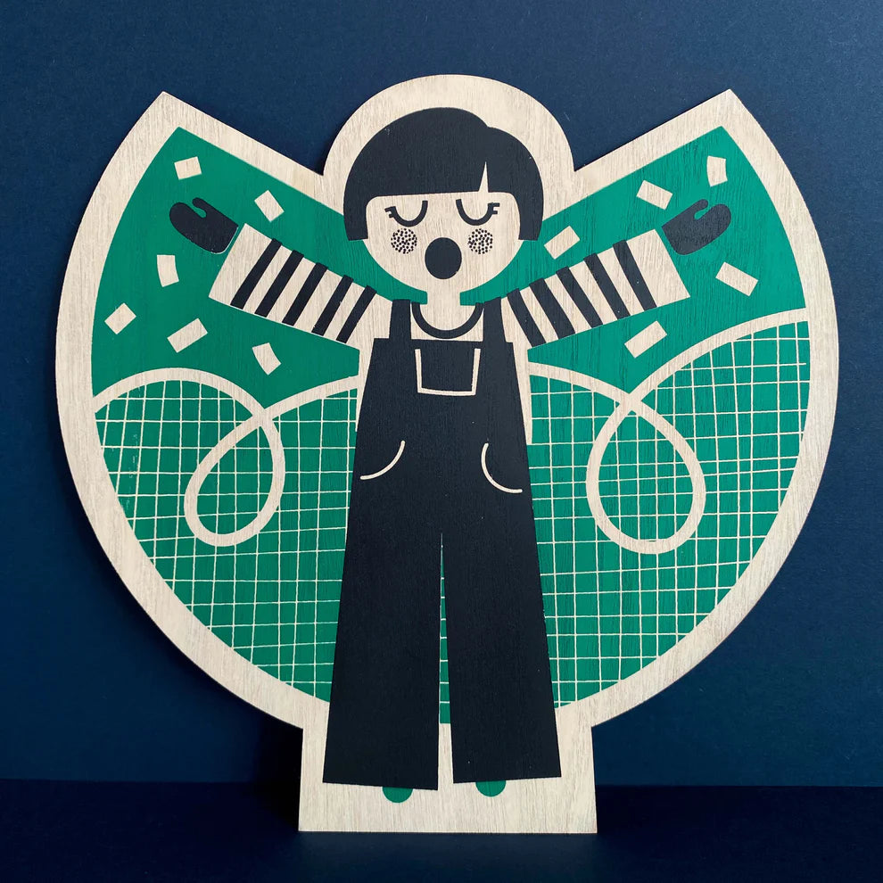 Wooden Screen Printed Green 'Nora' Angel by Print Lass